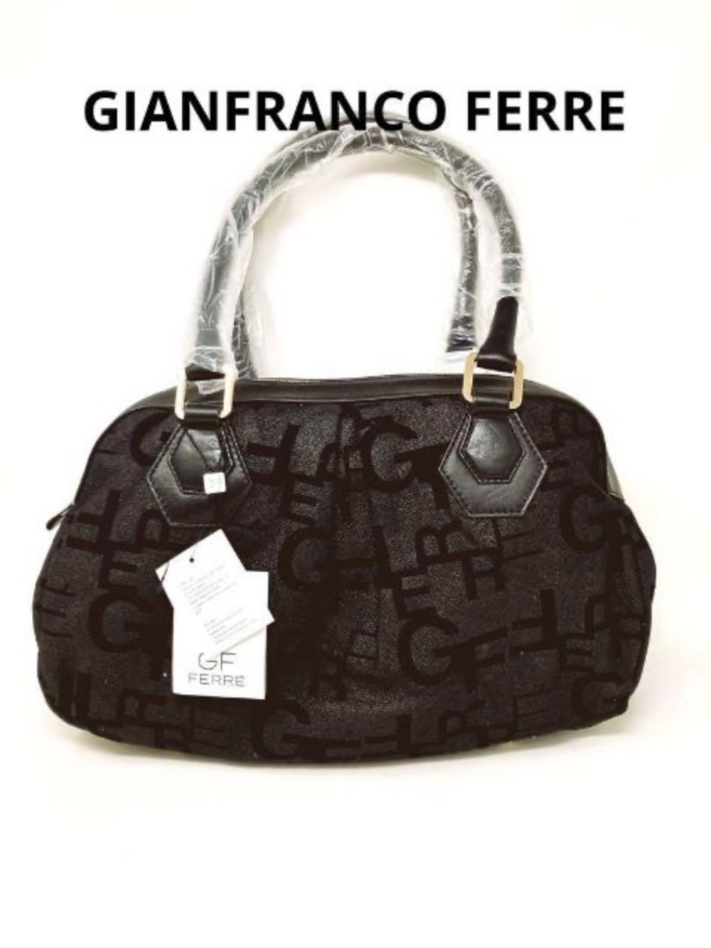 NWT GIANFRANCO FERRE #367 Black fabric &leather shoulder satchel w/dustbag